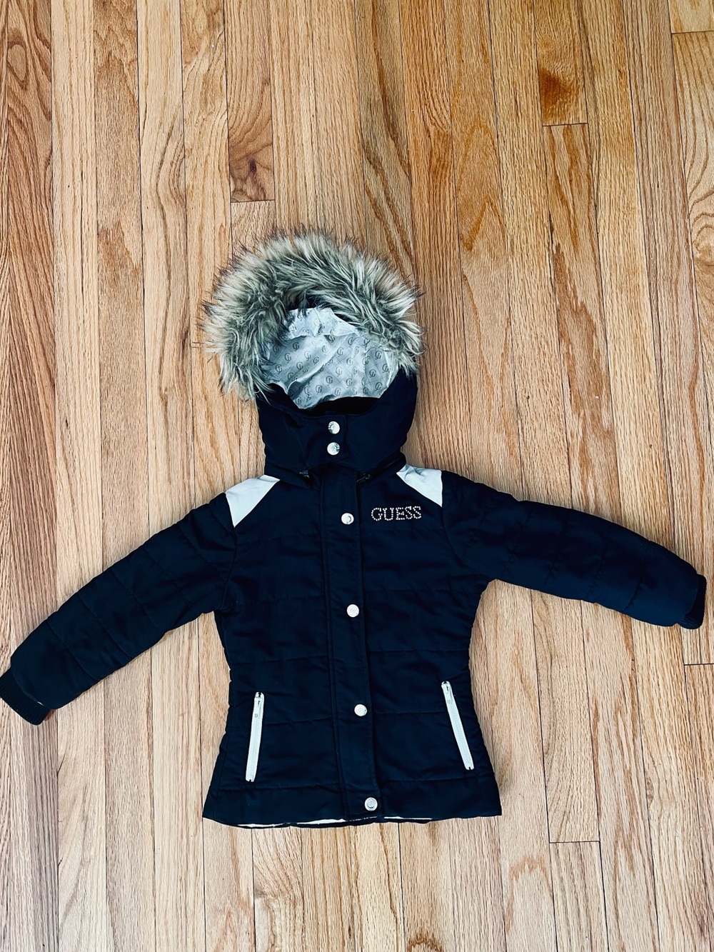 Guess black puffer jacket with fur hood girls size 4